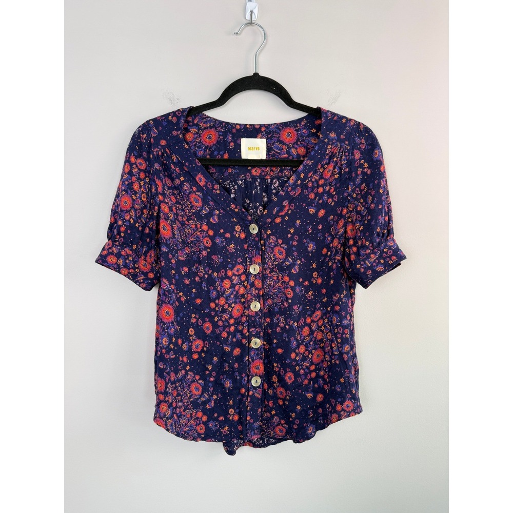 Maeve Anthropologie Blouse Women's 0 Navy Blue Floral Button Front Short Sleeve